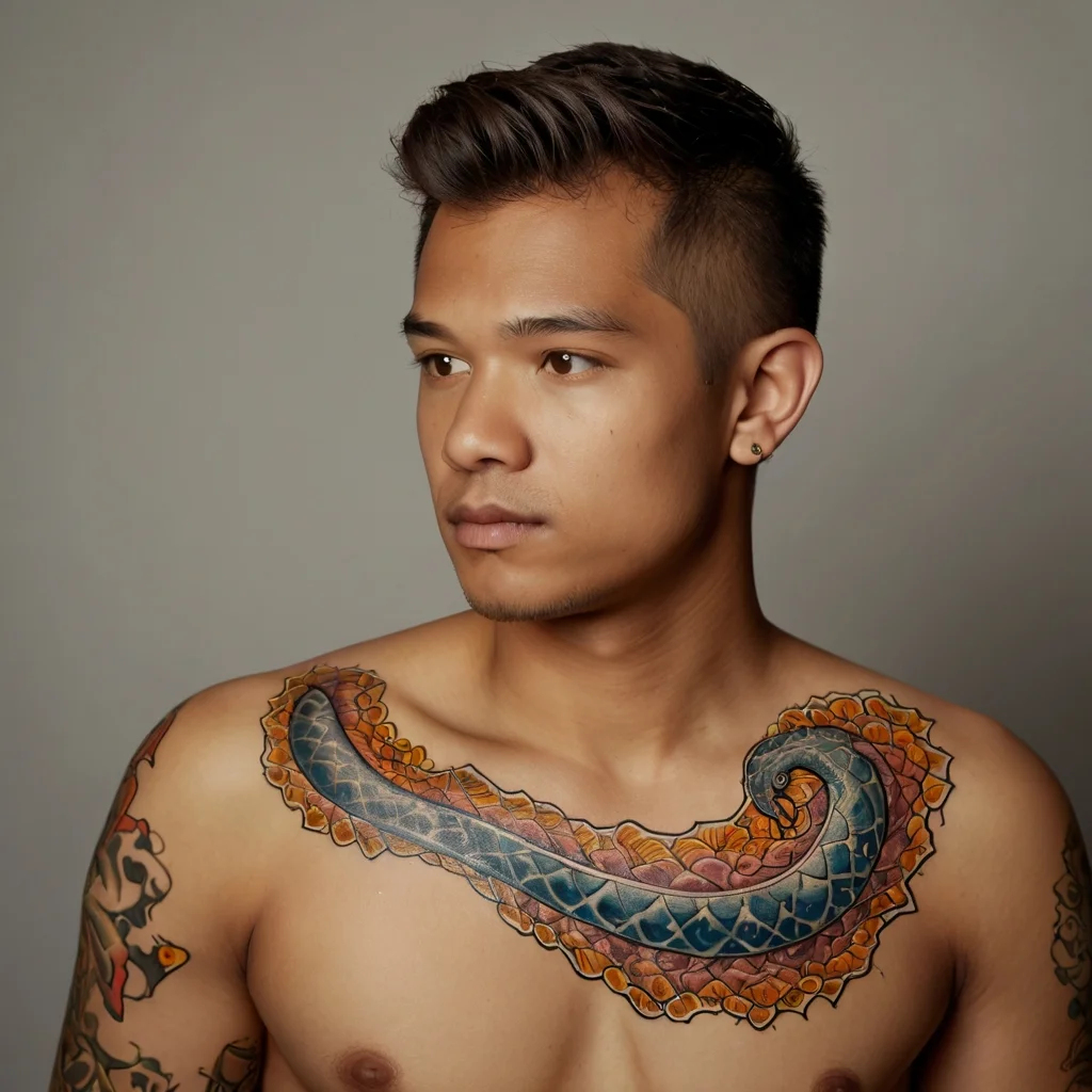 Chest tattoo of a stylized serpent with blue and orange scales curling along the shoulder, depicting vibrant energy and flow.