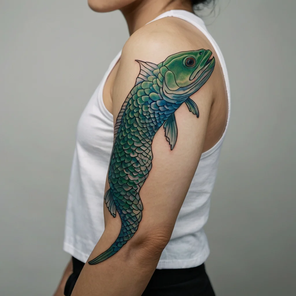 Colorful arapaima fish tattoo on upper arm, showcasing detailed scales and shading, wraps naturally around the shoulder.