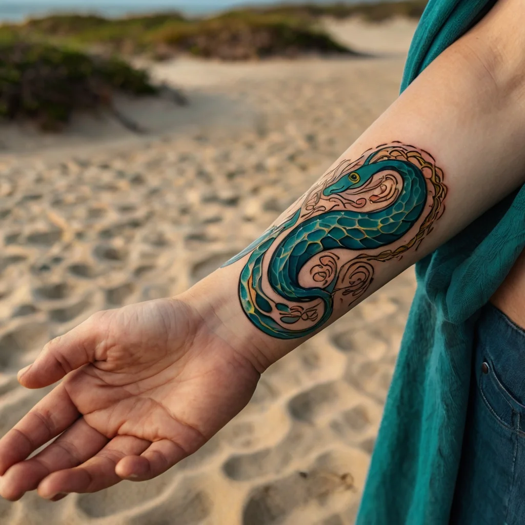 A vivid blue snake tattoo with intricate scale details and golden accents wraps elegantly around the forearm.