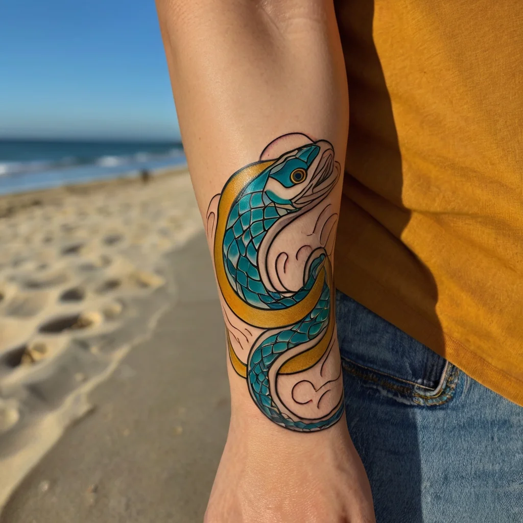 Forearm tattoo of a vibrant, stylized turquoise and gold snake intertwined with waves against a sandy beach background.