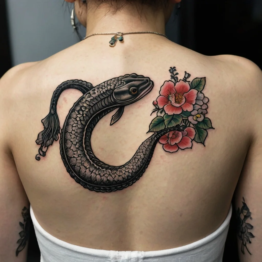 Tattoo of a coiled, detailed black fish intertwined with vibrant pink flowers on the back.