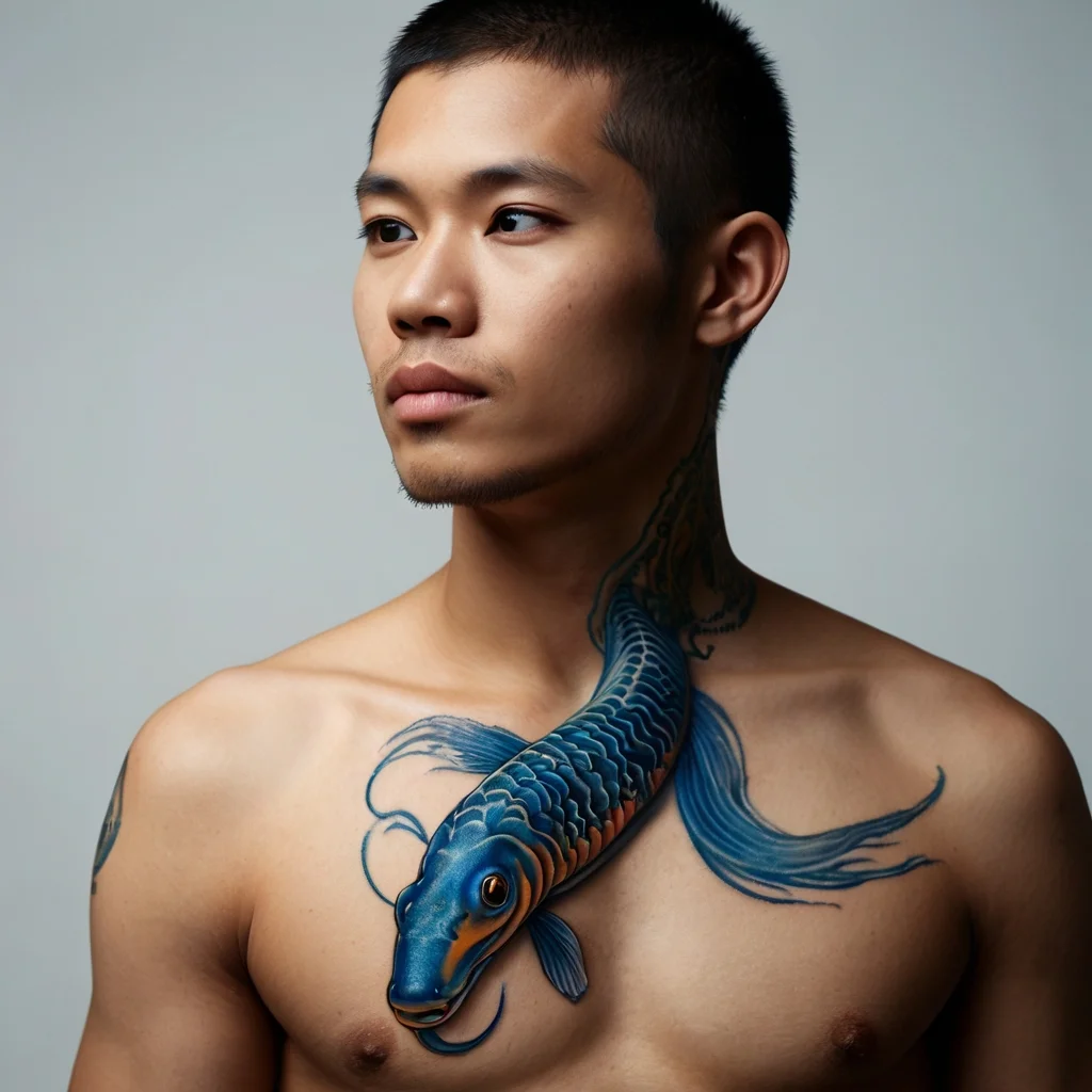 Realistic blue koi fish tattoo, flowing from neck to chest, symbolizes strength, perseverance, and transformation.