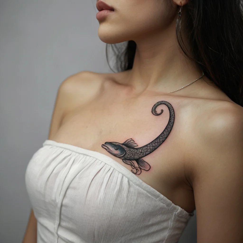 Ornate black and gray fish tattoo with scales and a curled tail, elegantly placed on the shoulder and collarbone.