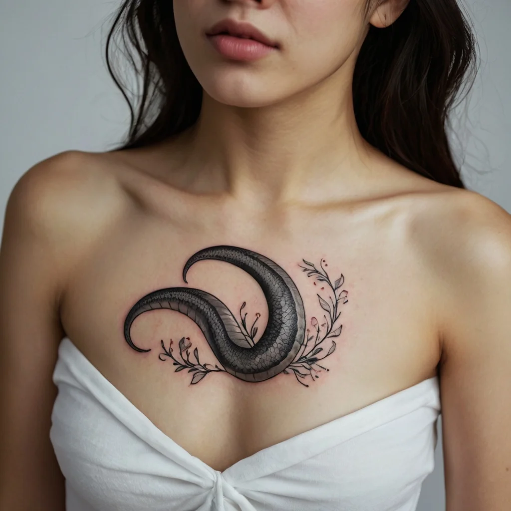 Chest tattoo of a textured bull horn surrounded by delicate floral elements, symbolizing strength and beauty.