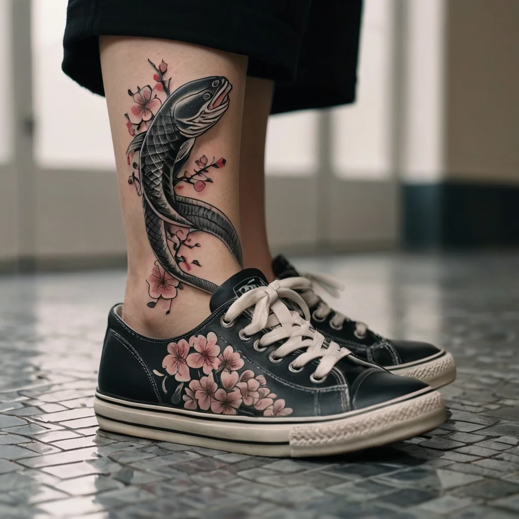 Tattoo of a coiled snake in black, surrounded by delicate pink cherry blossoms on the lower leg.