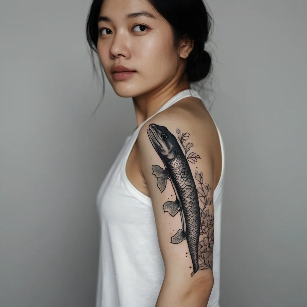 Realistic fish tattoo with floral elements on the upper arm, featuring detailed shading and delicate line work.