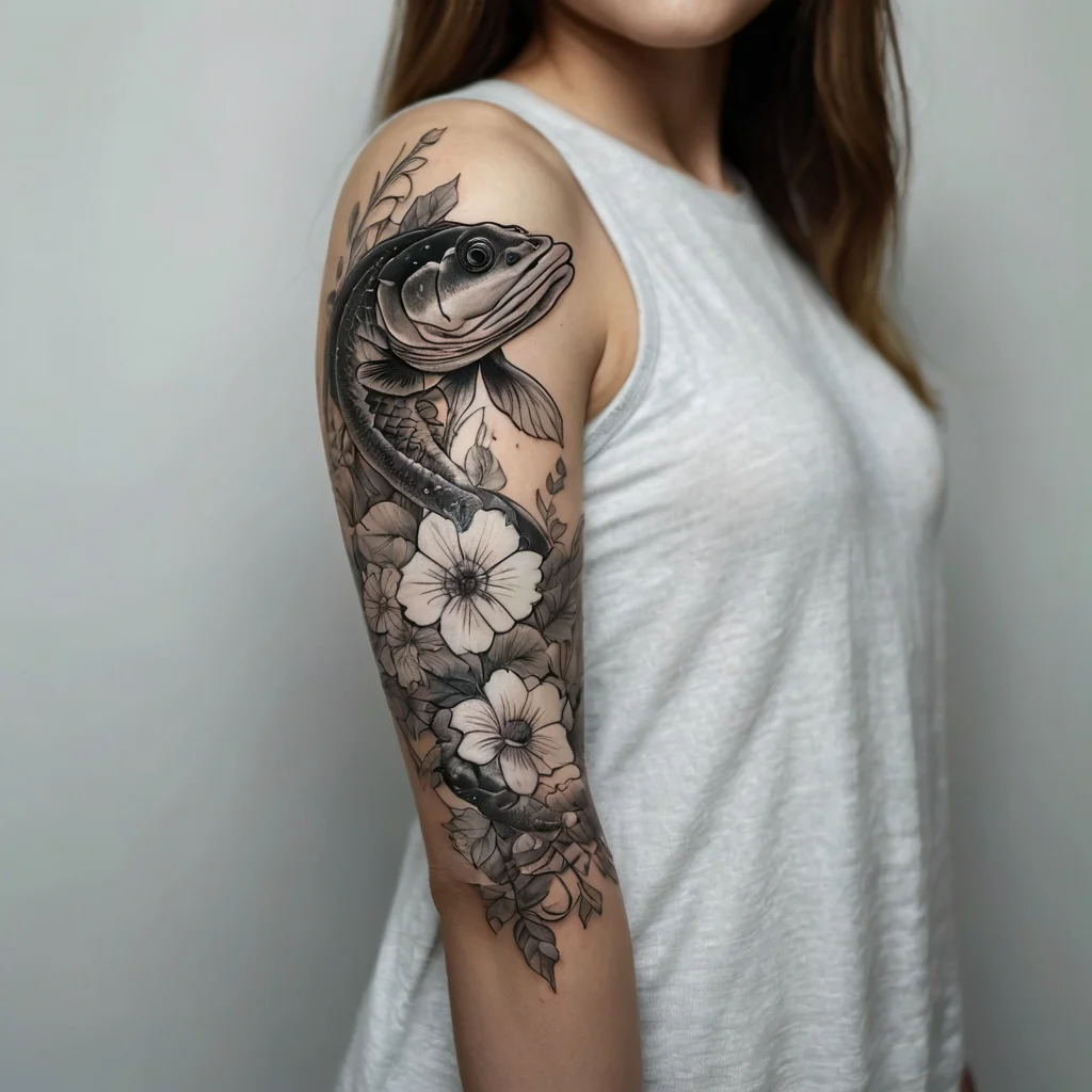 Black and gray tattoo of a fish and flowers on an upper arm, featuring intricate shading and detailed leaves.