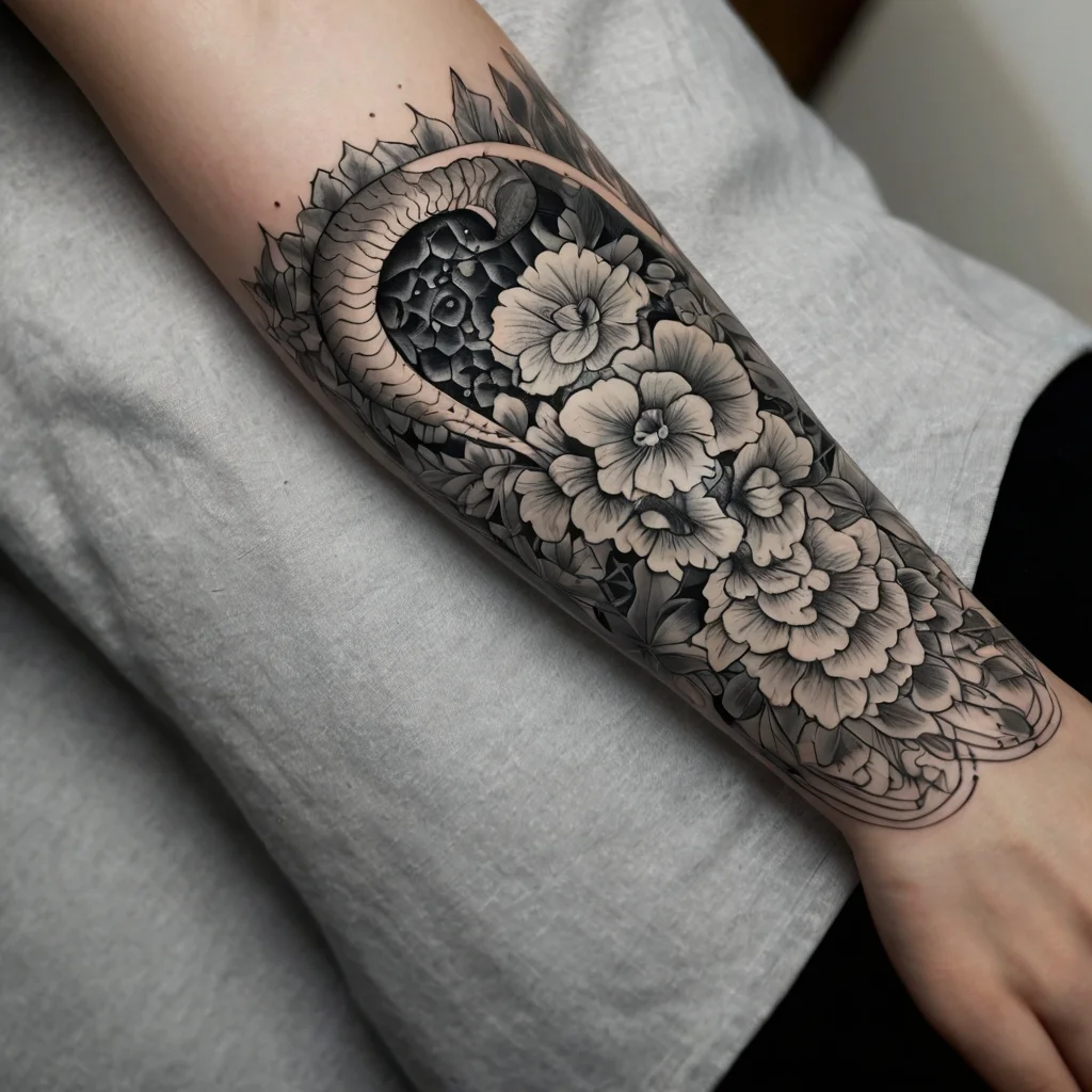 A detailed black and gray tattoo featuring a coiled snake entwined with blooming flowers and leaves on the forearm.