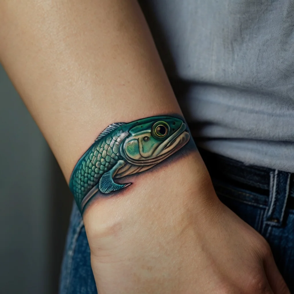 A vibrant green fish tattoo wraps around the wrist, featuring detailed scales and a realistic eye, creating a 3D effect.