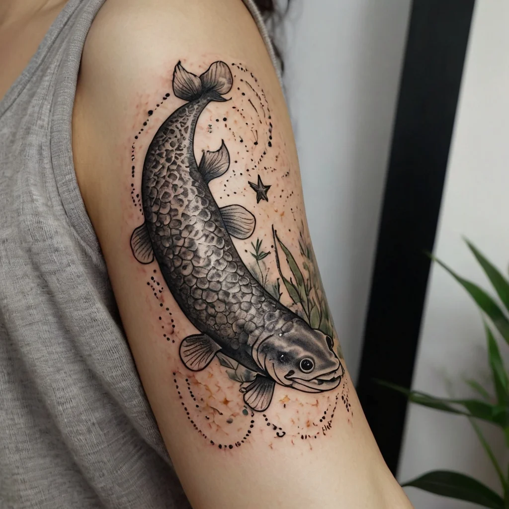 Realistic black and gray fish tattoo on upper arm, surrounded by delicate patterns and aquatic plants.