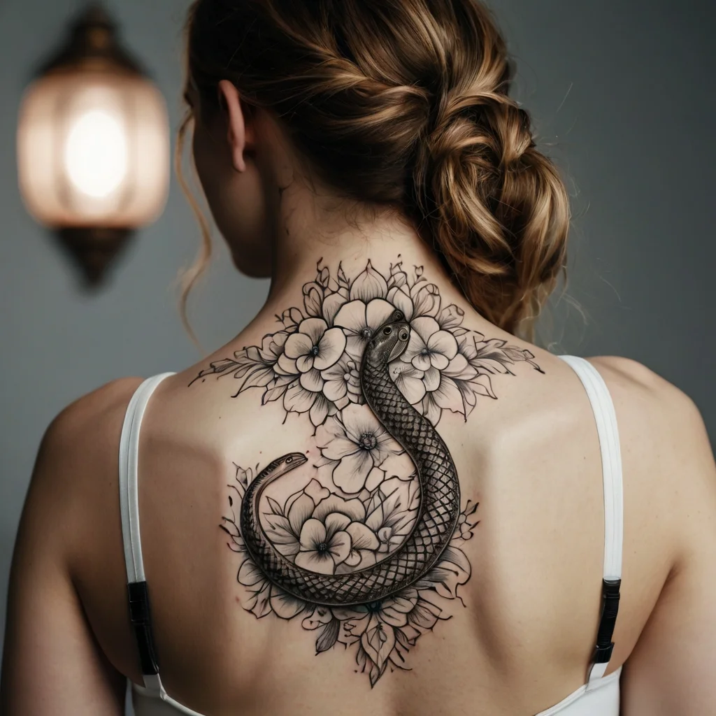 Tattoo of a detailed, coiled snake with intricate scales, surrounded by large, shaded flowers on the upper back.