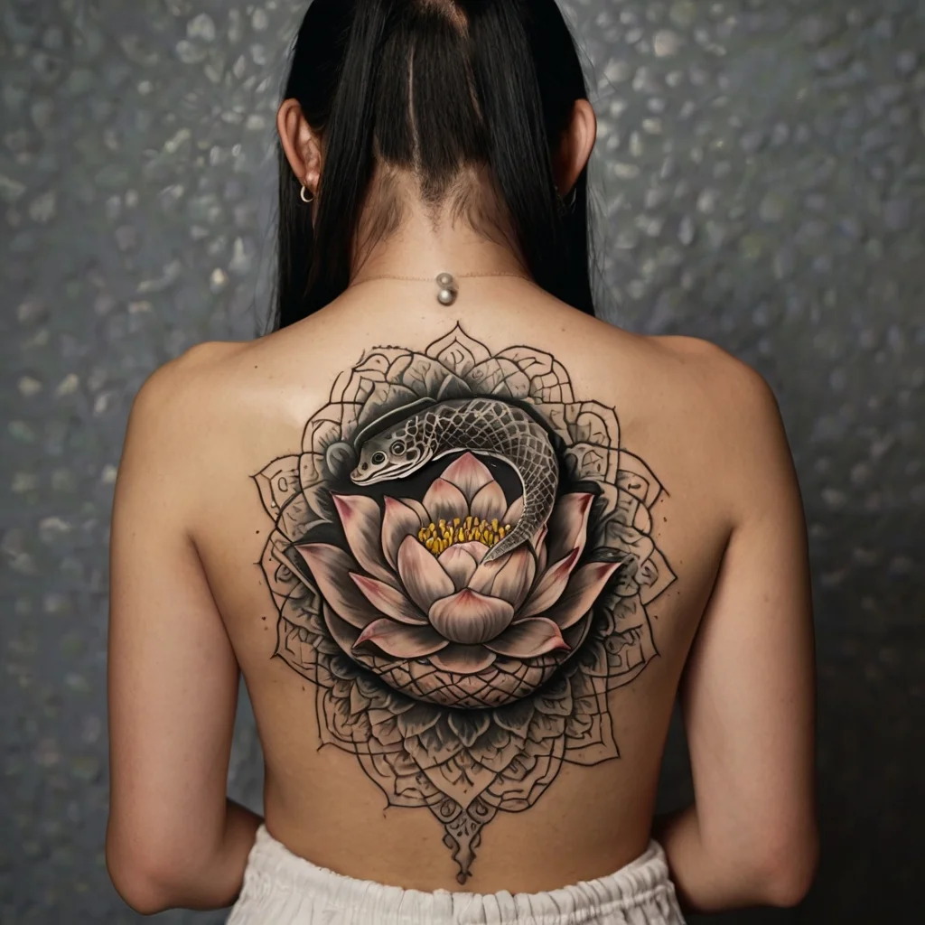 Back tattoo of a snake coiled within a blooming lotus, surrounded by intricate mandala patterns in black and gray.