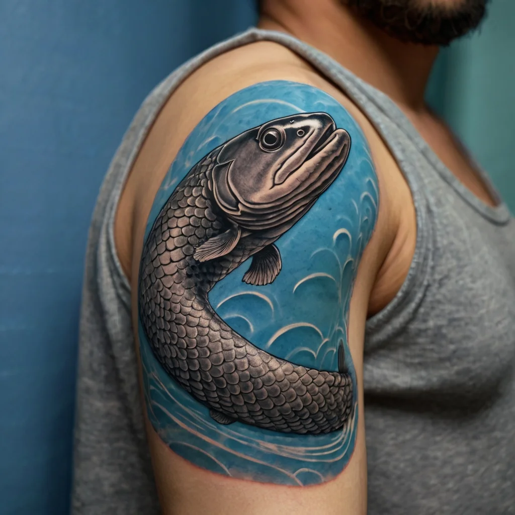 A realistic koi fish tattoo on the upper arm, set against a blue water background with stylized waves for movement.