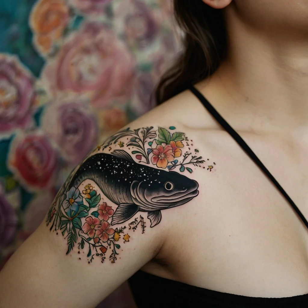 A color tattoo of a fish surrounded by vibrant flowers and leaves on a shoulder, blending nature and aquatic themes.