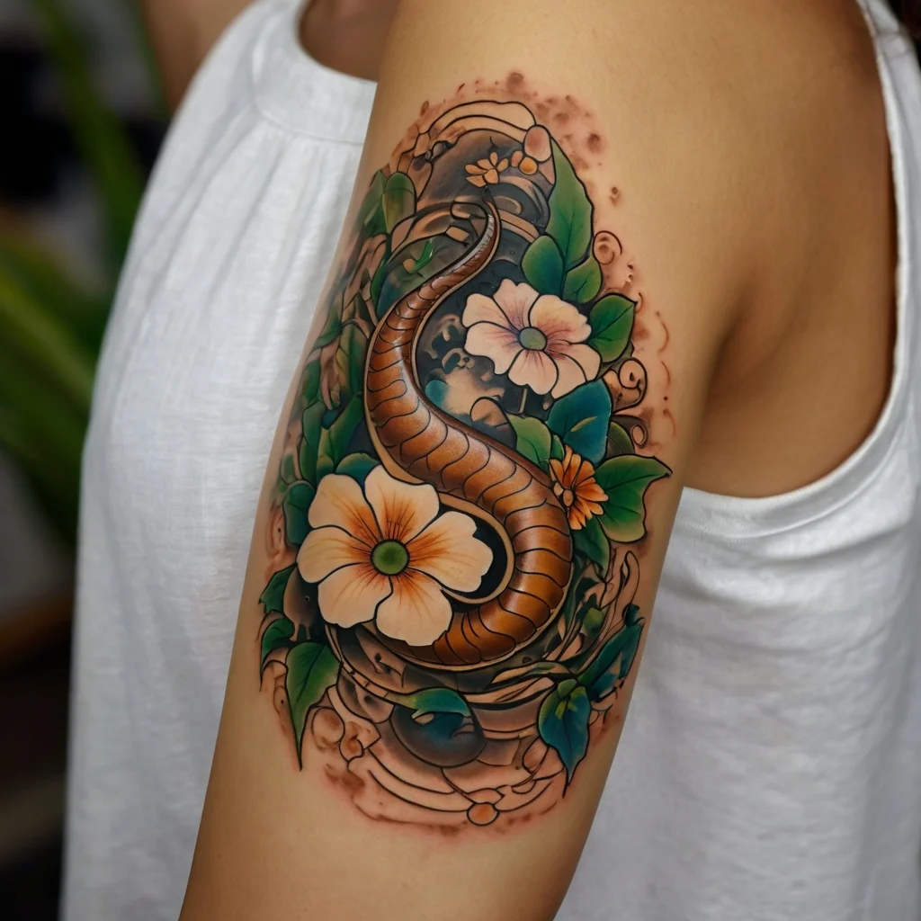 Tattoo of a coiled snake intertwined with vibrant flowers and leaves, showcasing intricate shading and rich colors.