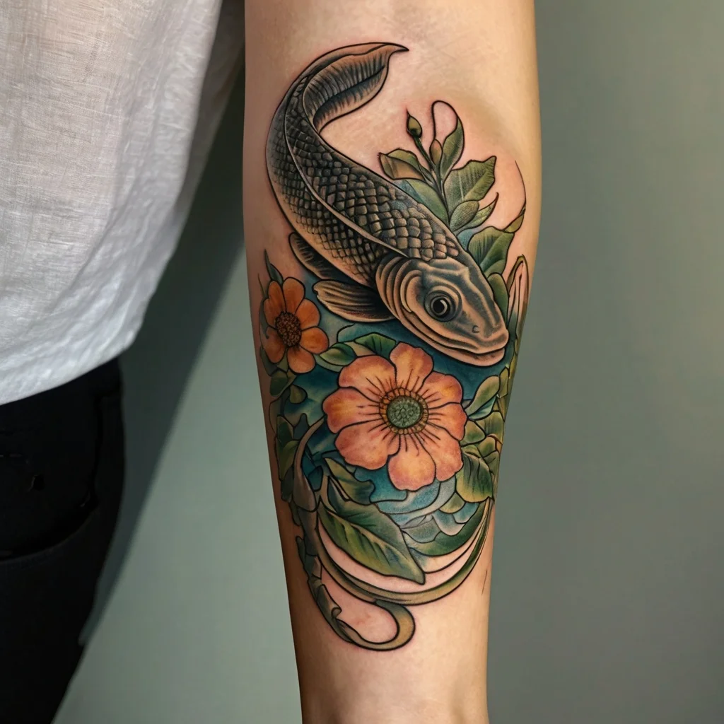 Tattoo of a koi fish swimming through vibrant flowers and lush leaves, symbolizing strength and transformation.