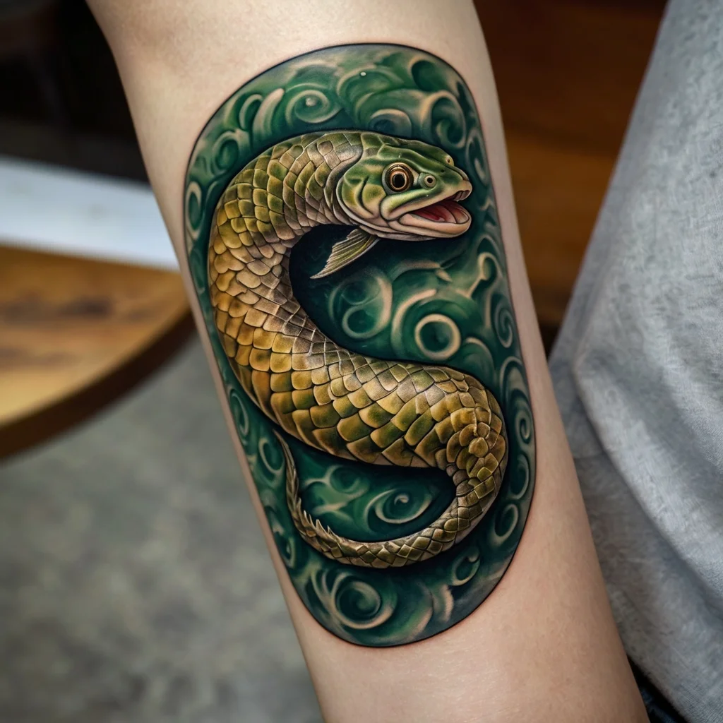 A detailed snake tattoo on an arm, coiled against a green swirling background, emphasizing scaly texture and vivid colors.