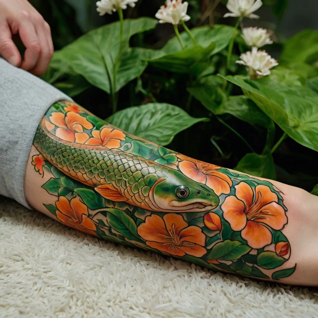 A vibrant tattoo of a green snake entwined with orange hibiscus flowers on the calf, rich in detail and color.