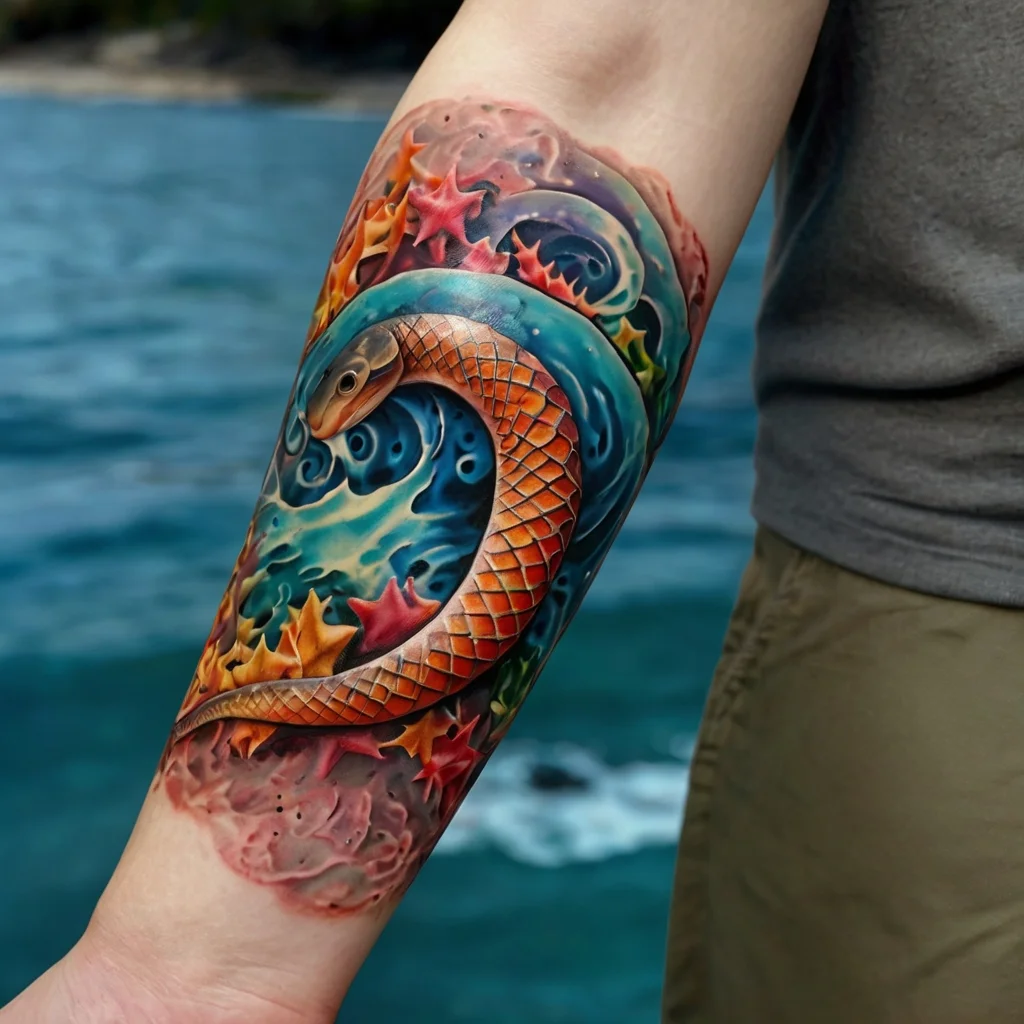 Colorful snake tattoo with swirling waves and stars, featuring vibrant blues and reds on a forearm.