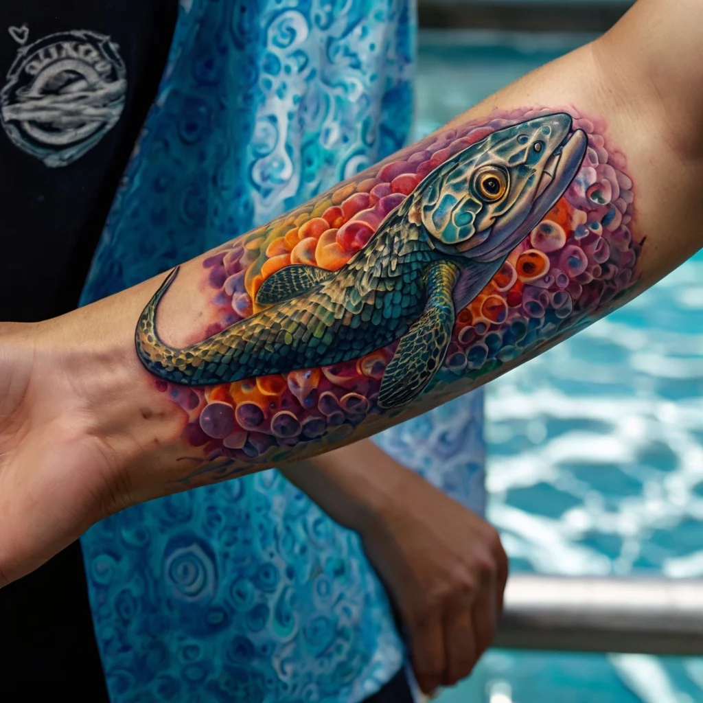 Colorful fish tattoo on forearm, with vibrant scales and bubble background, creating a 3D oceanic effect.