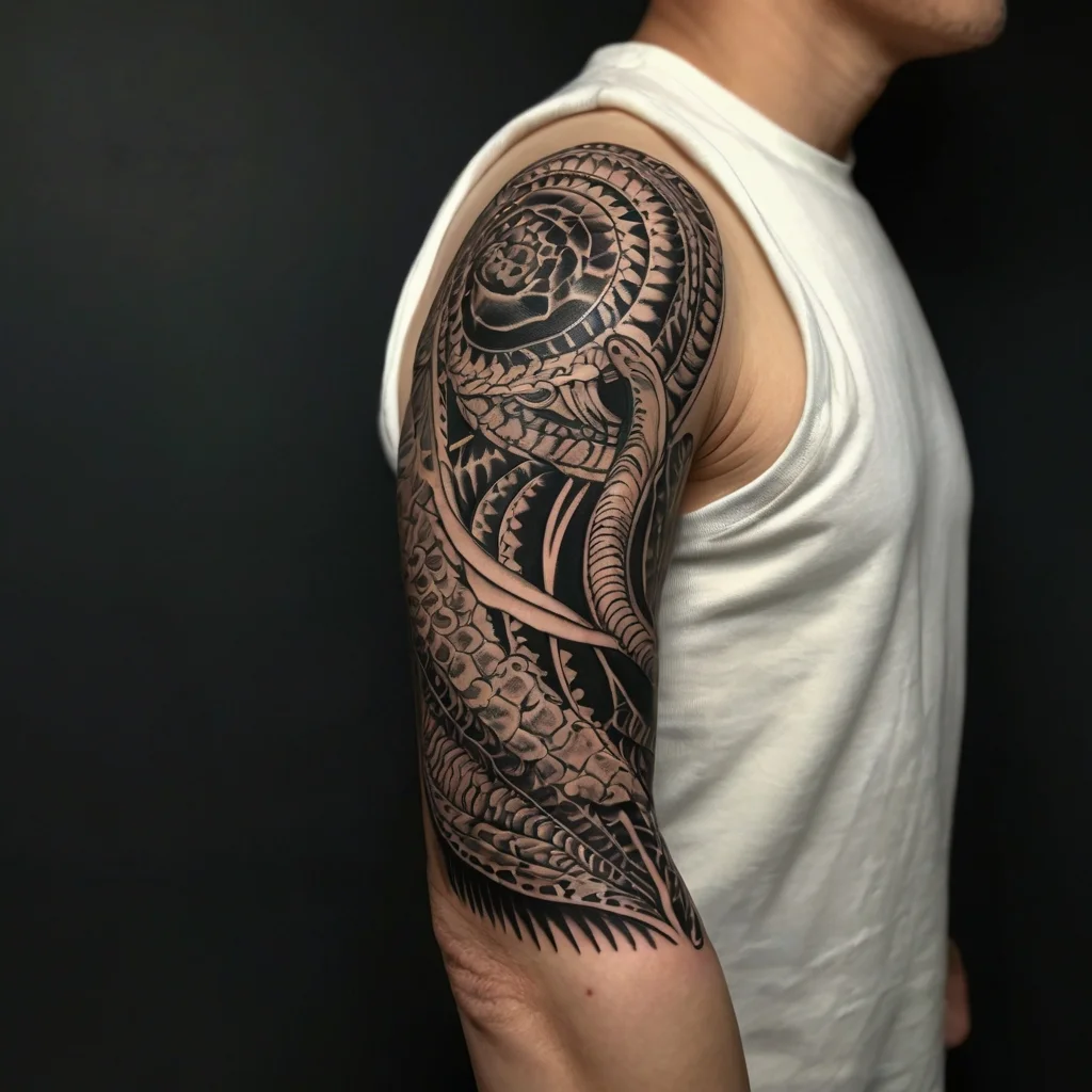 Intricate black and gray snake tattoo on upper arm, with geometric patterns and shading for depth and texture.