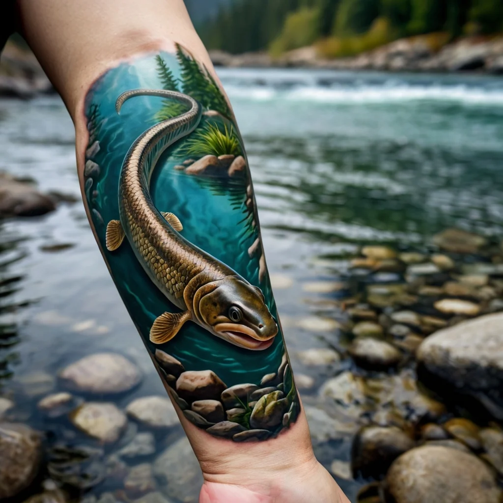 Realistic trout swimming in a vibrant river scene, surrounded by rocks, plants, and forested landscape on forearm.