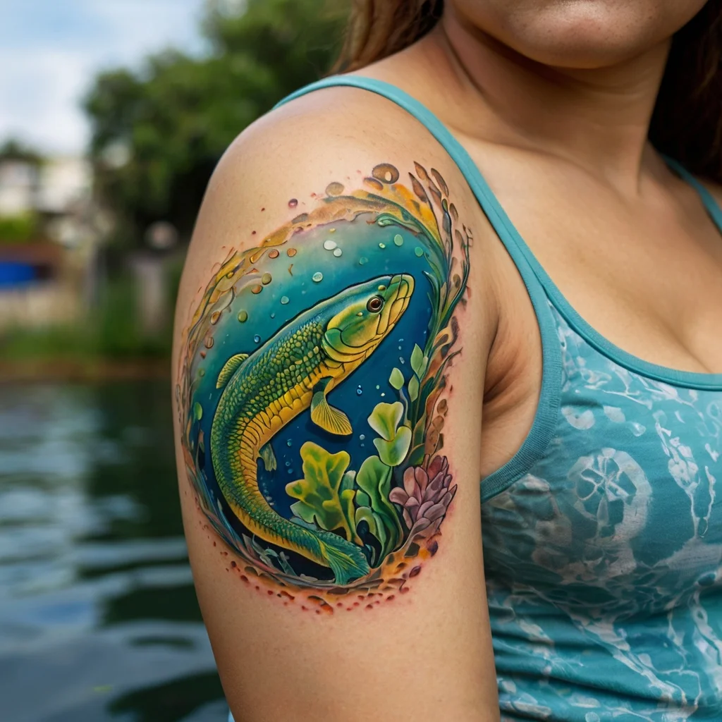 Colorful fish tattoo with aquatic plants, bubbles, and swirls on the upper arm, depicted in vibrant blues and greens.