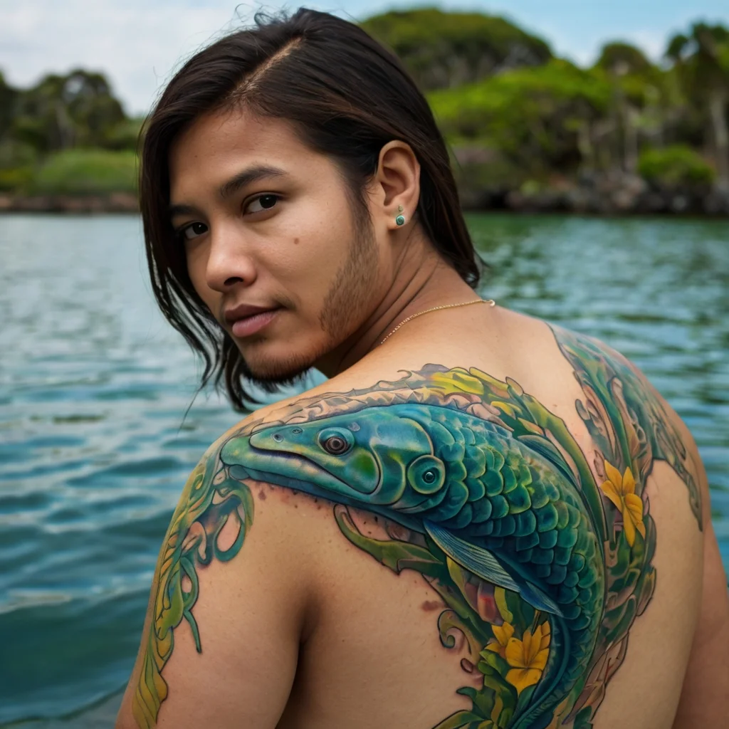 Detailed blue fish tattoo on shoulder, surrounded by green foliage and vibrant yellow flowers.