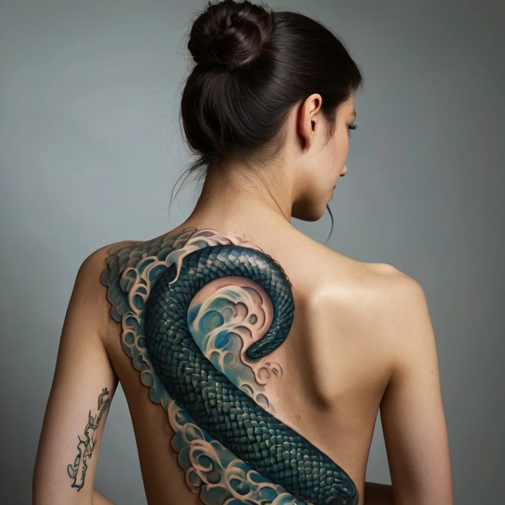 Tattoo of a realistic tentacle wraps over the shoulder, featuring detailed scales and bubbles in deep blue and green hues.