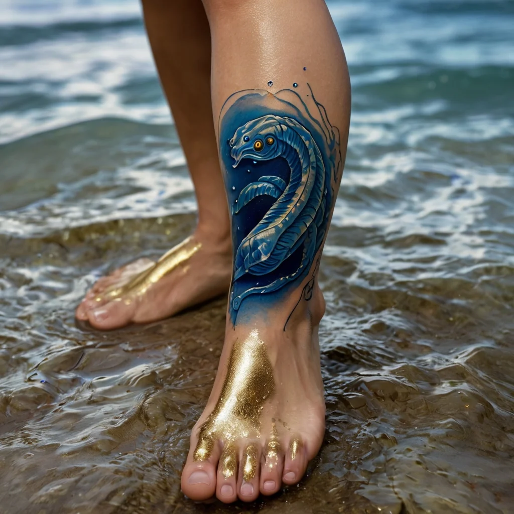 Tattoo of a coiled eel in vibrant blue and gray hues, with glowing eyes, set against a water-themed background on the calf.