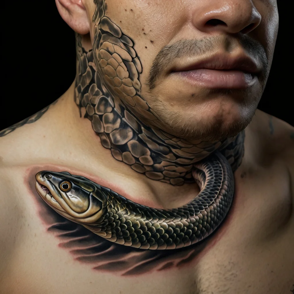 Realistic 3D snake tattoo wraps from neck to chest with detailed scales and shading, creating a lifelike appearance.