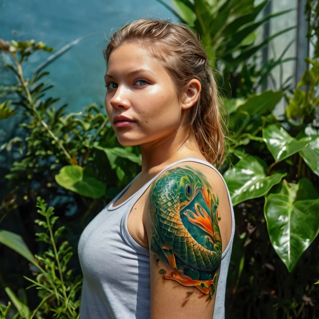 A vivid green snake tattoo on the shoulder, coiled around vibrant orange flowers with intricate scales and shading.