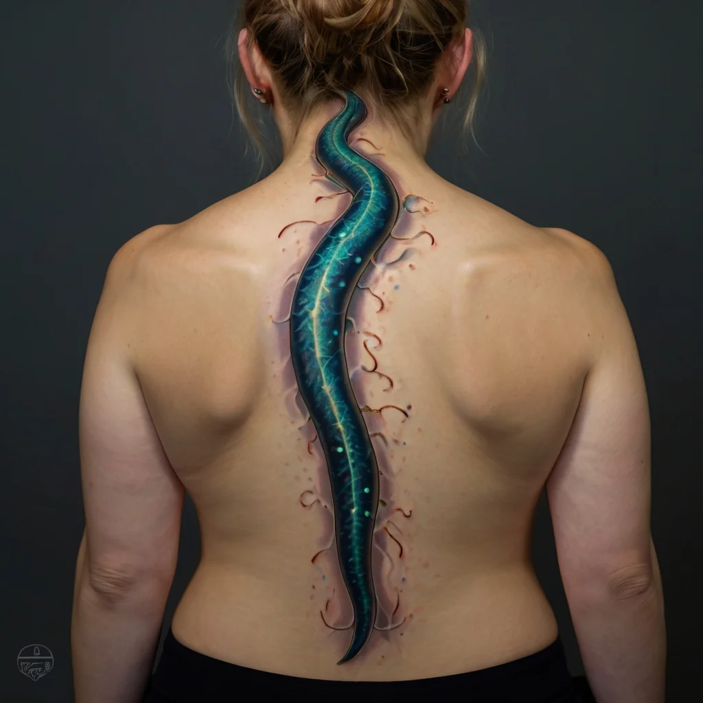 3D tattoo of a glowing blue eel-like creature winding down the spine, emerging from realistic torn skin details.