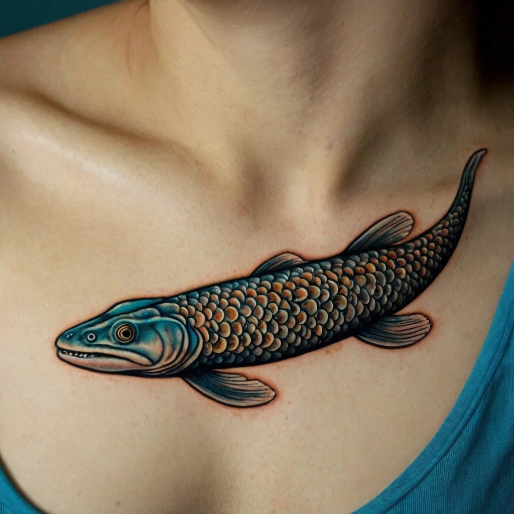 Tattoo of a detailed, realistic snake-like fish with blue and orange scales on the chest, highlighting vibrant colors and texture.