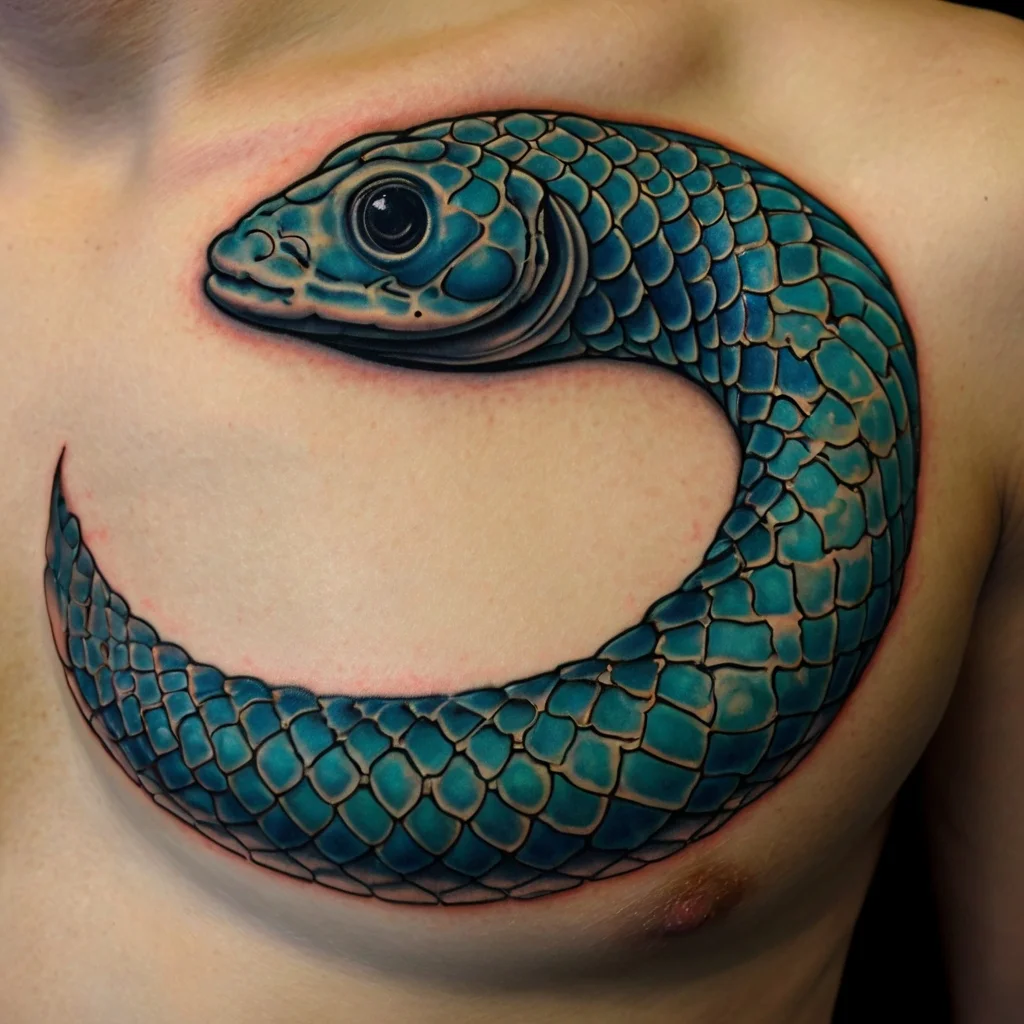 A detailed blue snake tattoo curls across the chest, showcasing realistic scales and a focused eye.