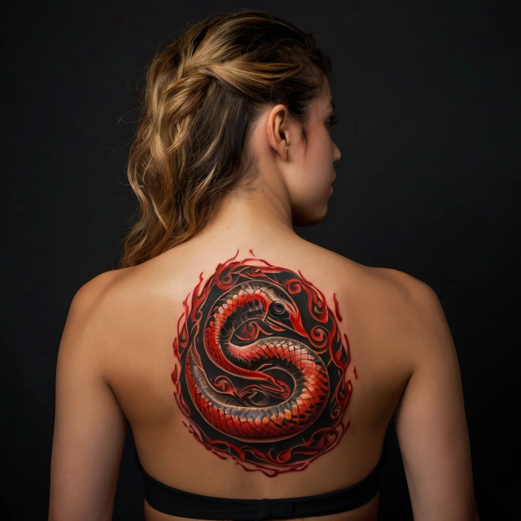 A vibrant red and black serpent tattoo on the upper back, encircled by fiery patterns, symbolizing transformation and power.