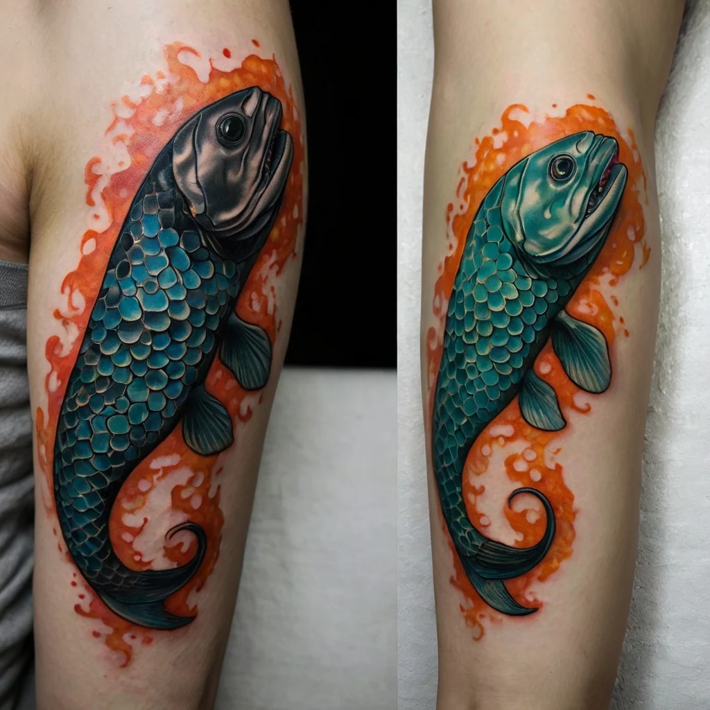 Tattoo of a teal fish with detailed scales, surrounded by vibrant orange waves, symbolizing strength and fluidity.