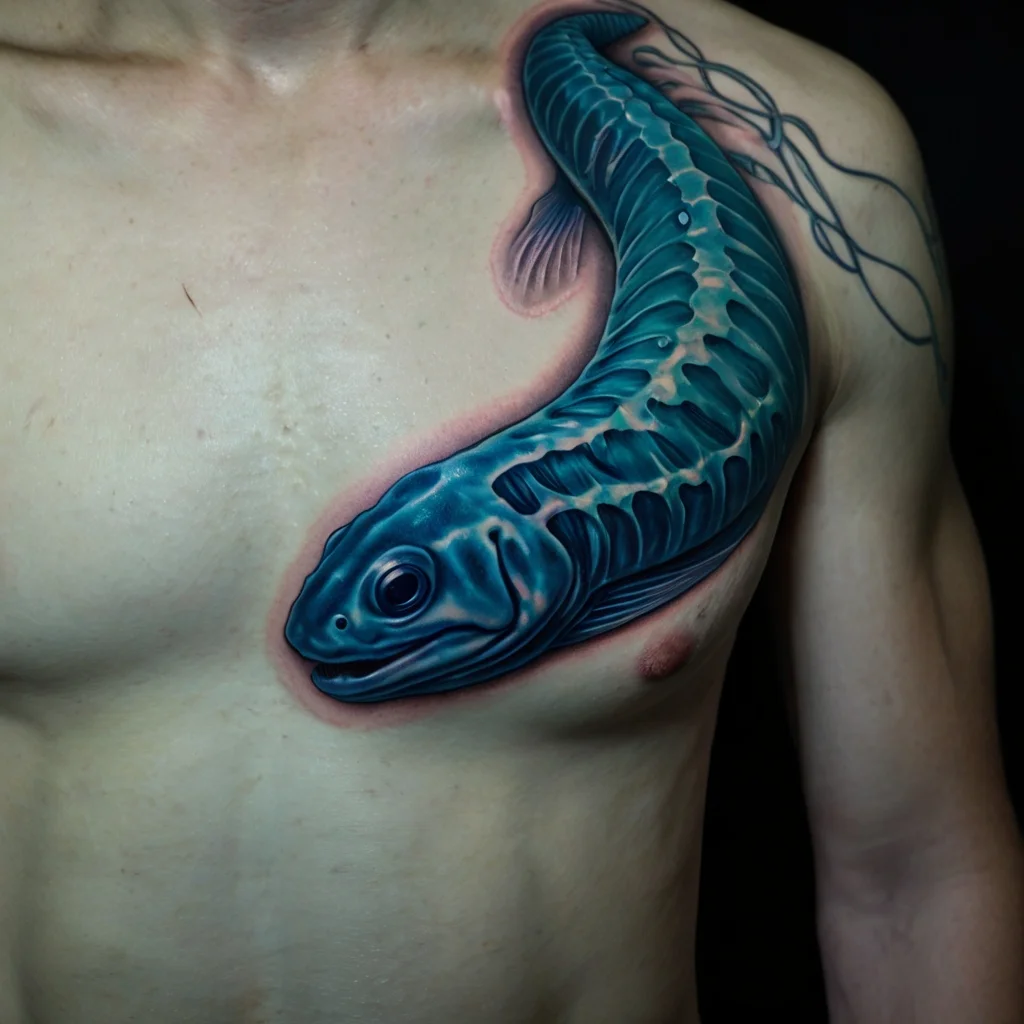 Realistic blue sea creature tattoo wrapped across shoulder and chest with intricate scales and shadowing.