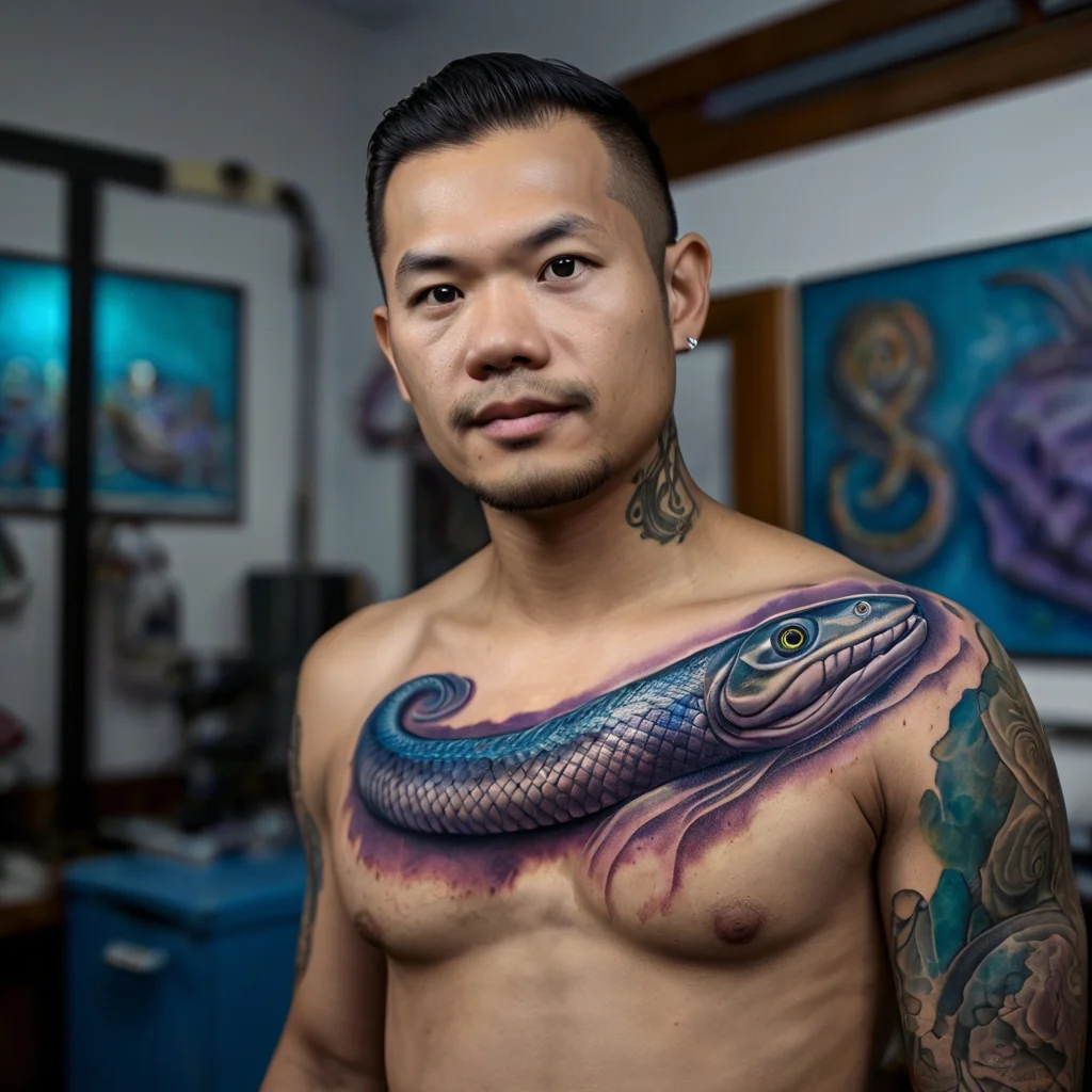 A vibrant, realistic eel tattoo stretches across the chest, showcasing intricate scales and vivid blue and purple hues.