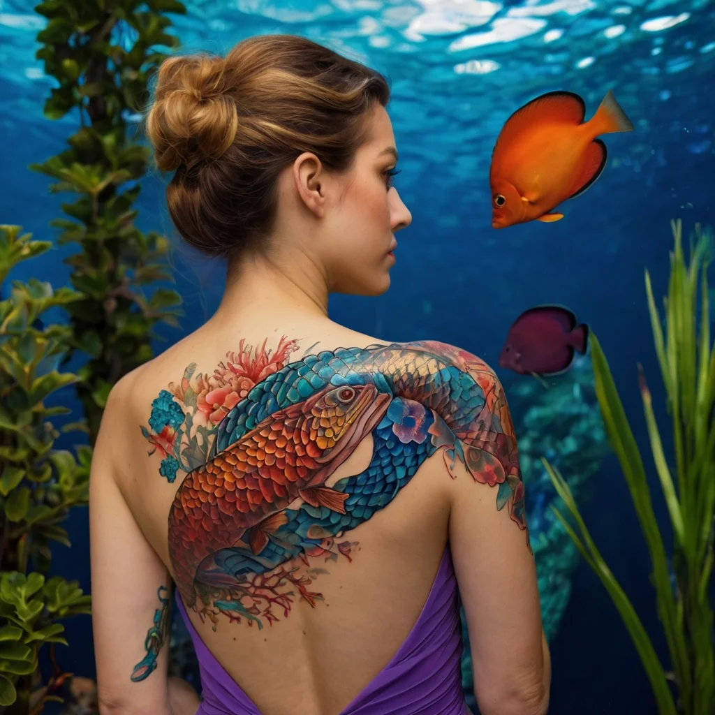 Vibrant aquatic scene tattoo with a detailed fish, colorful coral, and underwater plants covering the upper back and shoulder.