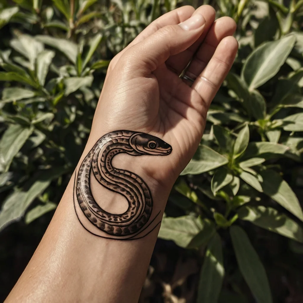 Realistic snake tattoo on wrist; intricately detailed scales, curling elegantly to form an open S shape.