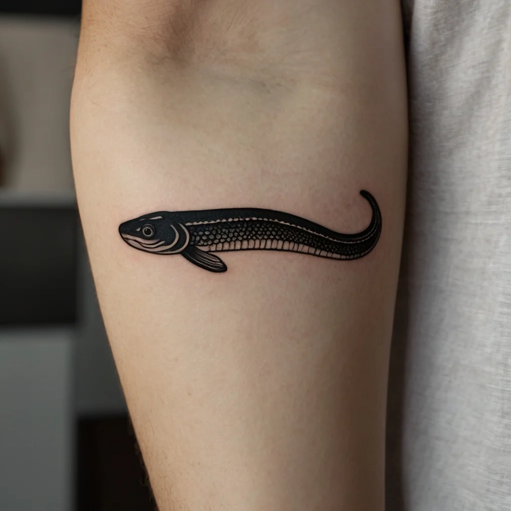 Stylized eel tattoo in black ink with intricate dotted patterns on its body, wrapping around the bicep.