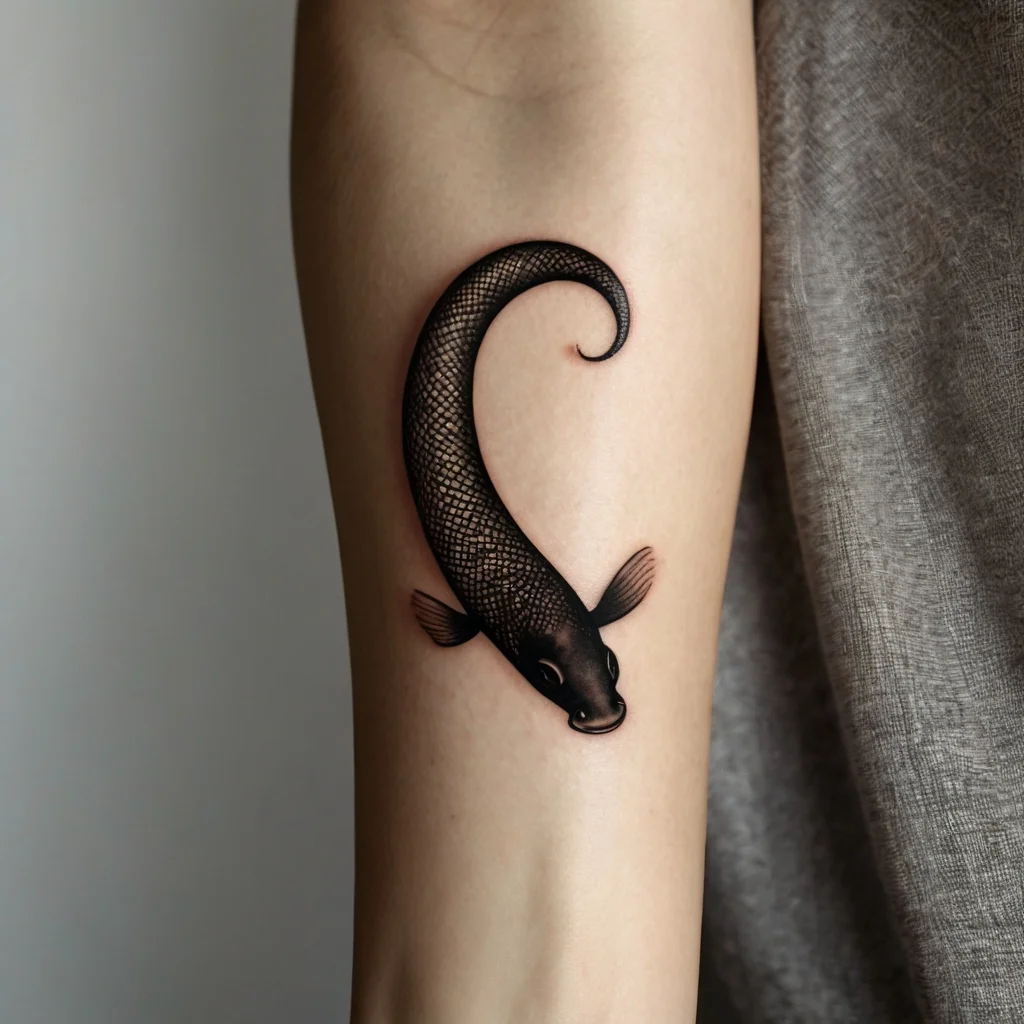 Minimalist tattoo of a black koi fish with detailed scales, smoothly curved on the forearm, symbolizing perseverance.