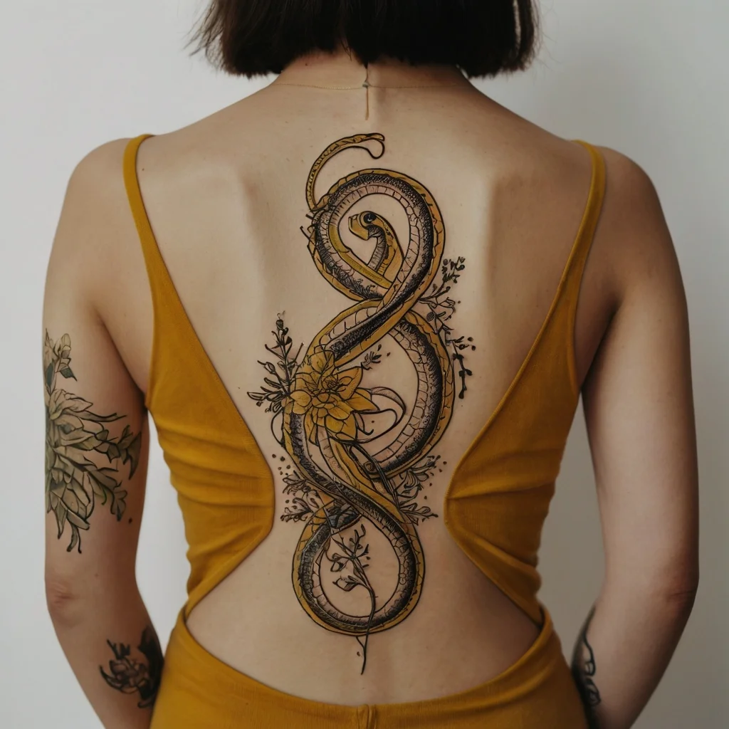 Intricate snake tattoo on the back, entwined with flowers and foliage. Elegant design with fine lines and delicate details.