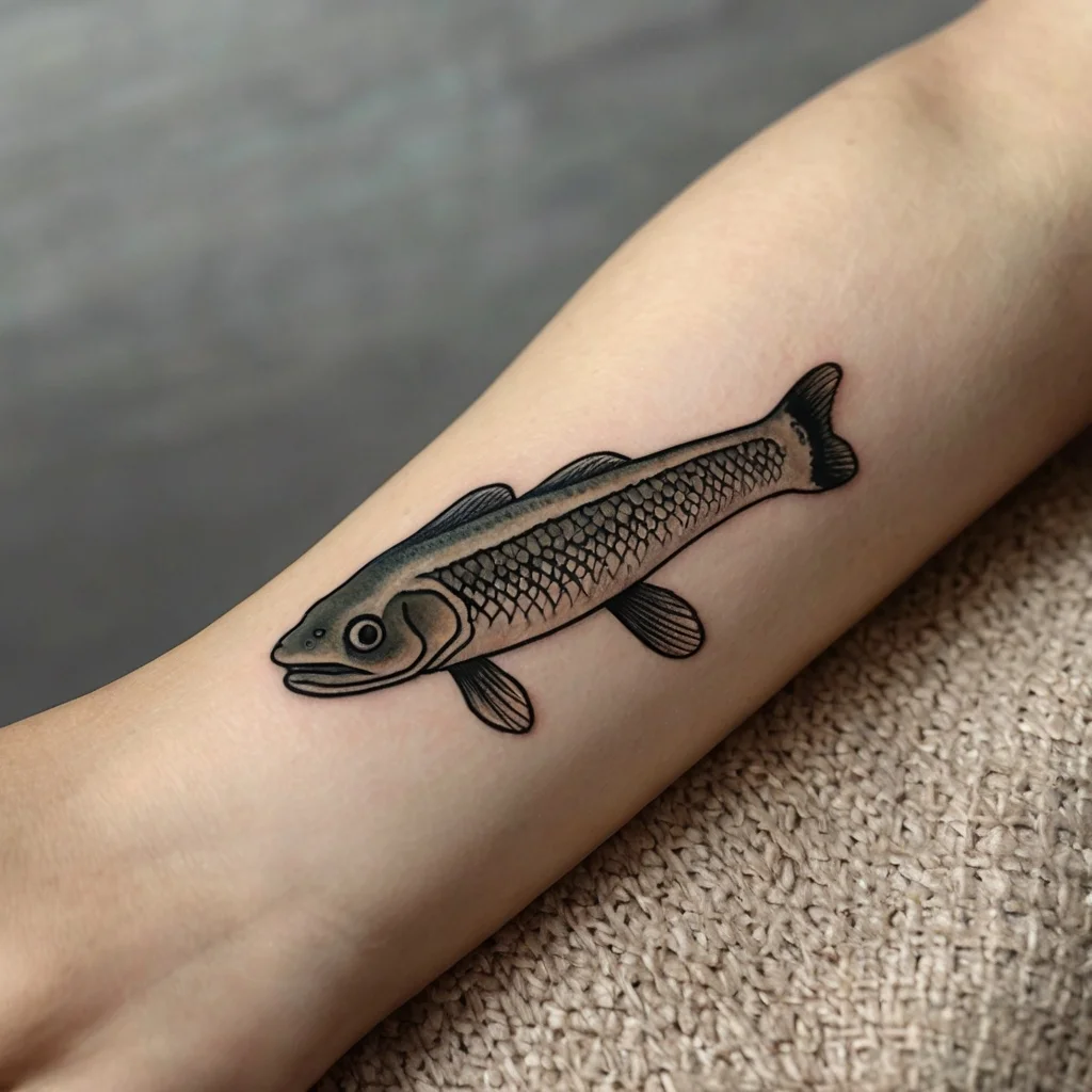 Tattoo of a stylized fish with detailed scales and bold outlines on a forearm, symbolizes adaptability and flow.