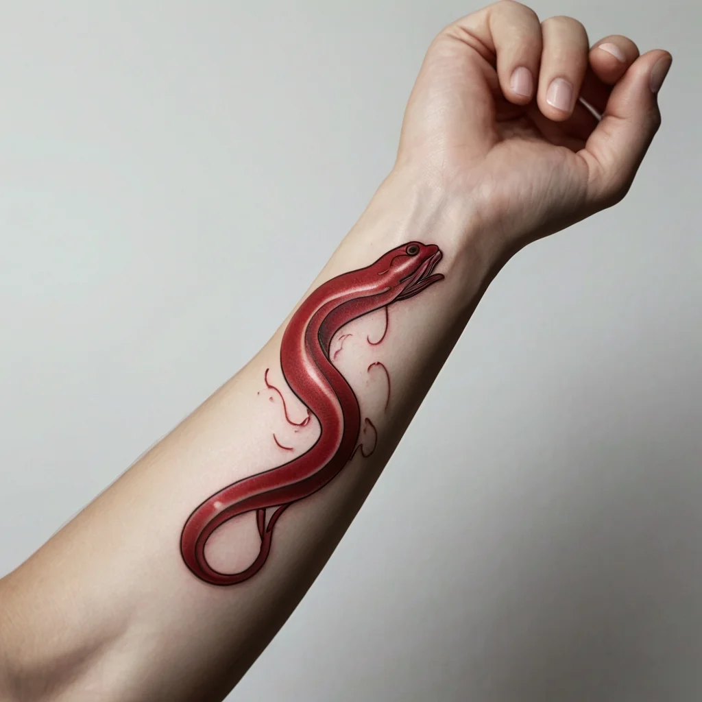 Tattoo of a sleek red snake with open mouth, wrapped around the forearm, showcasing dynamic curves and minimal shading.