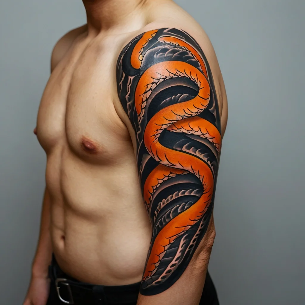 Intricate full sleeve tattoo of an orange serpent with black scales, wrapping around the upper arm in bold, dynamic lines.