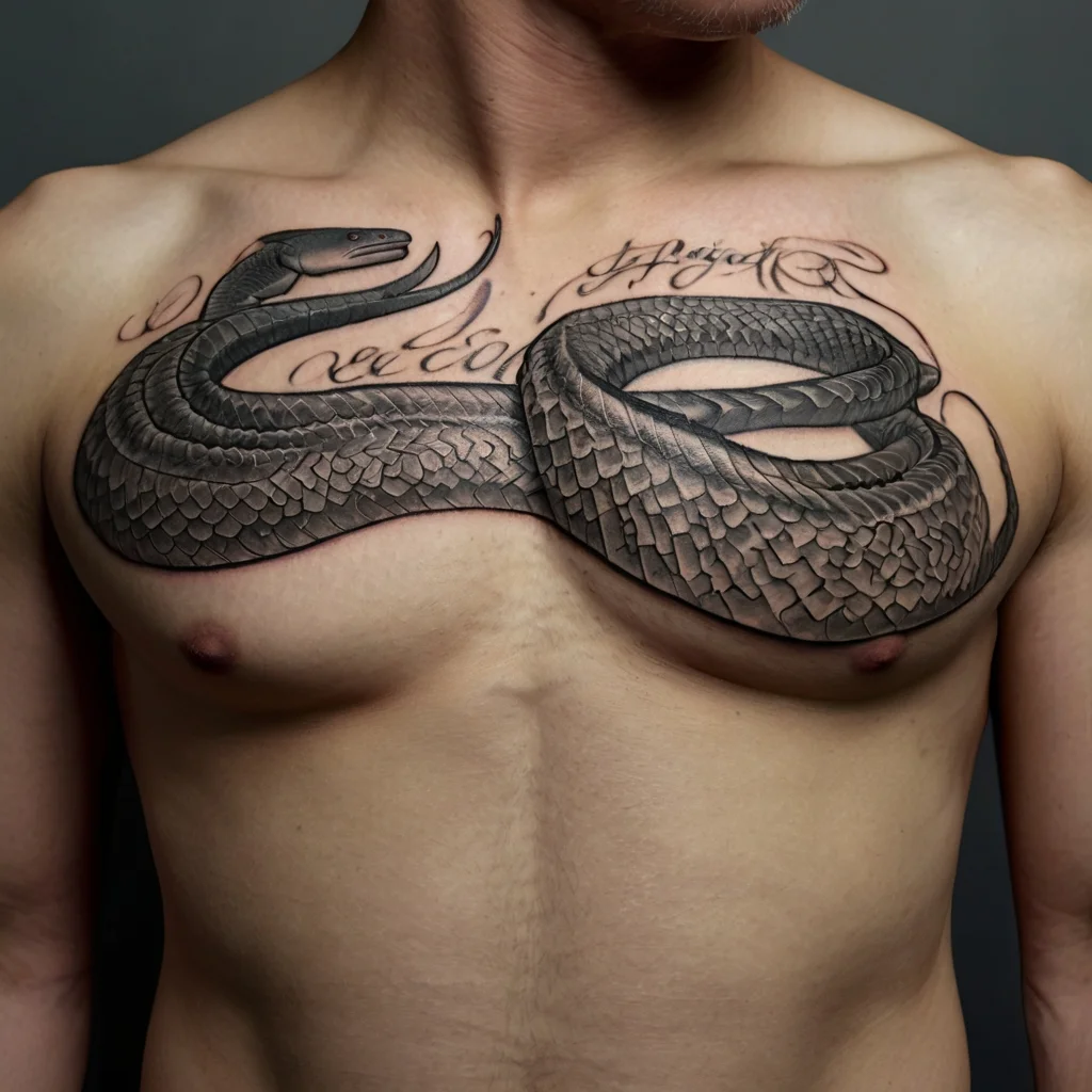 Bold chest tattoo: intricately detailed black ink snake, coiled with scales, interwoven with elegant script text.