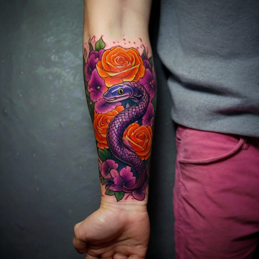 Vibrant tattoo with a purple snake coiled among vivid orange roses and purple flowers on forearm.