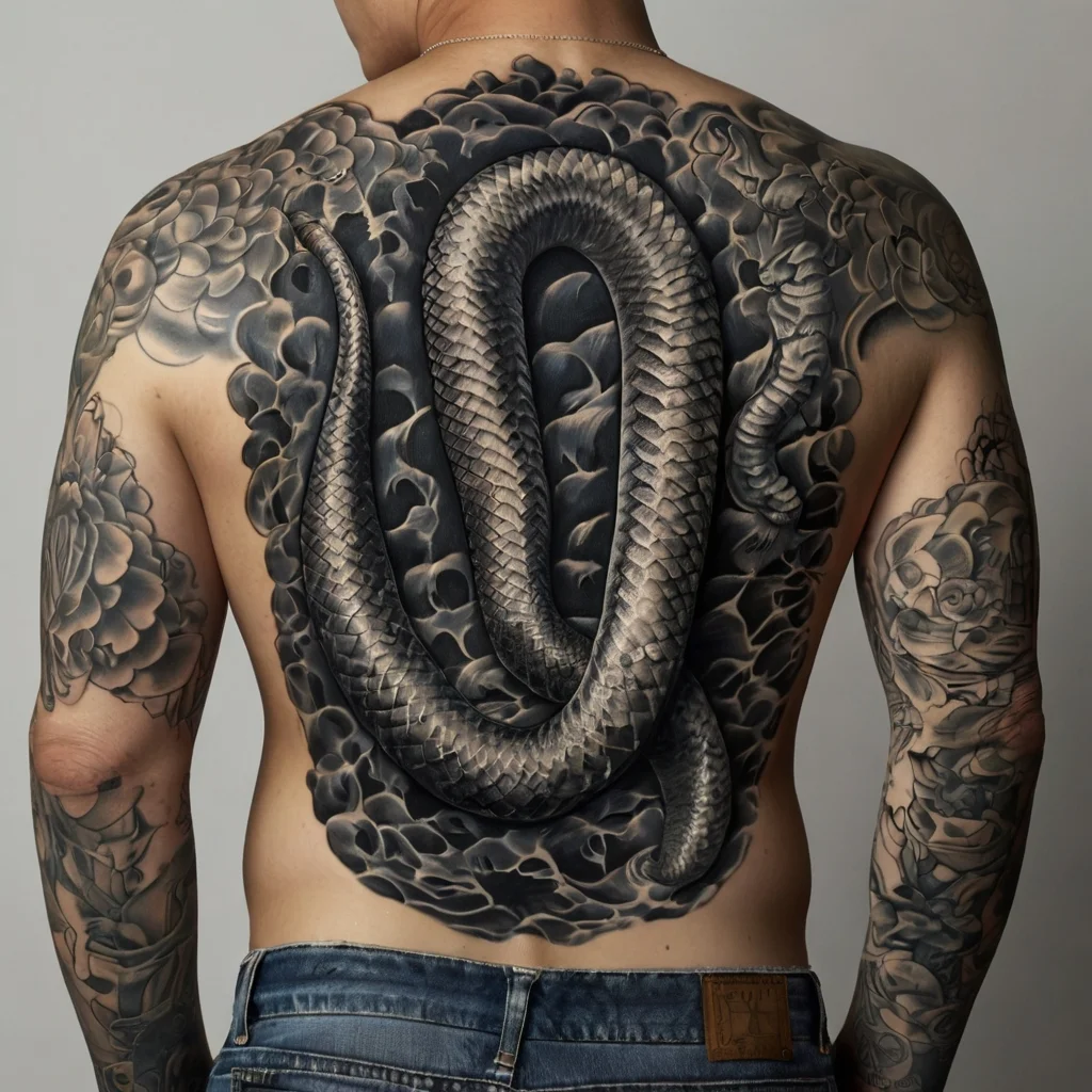 Back tattoo of a detailed, large snake coiled amidst dark, cloudy patterns with floral motifs on the shoulders and arms.